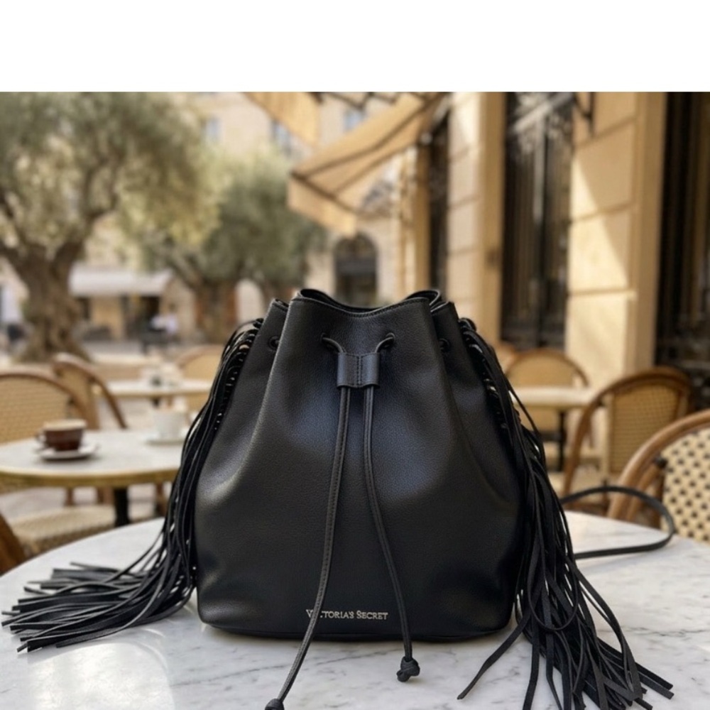 Victoria's Secret Black Fringe Drawstring Bucket Bag Backpack
